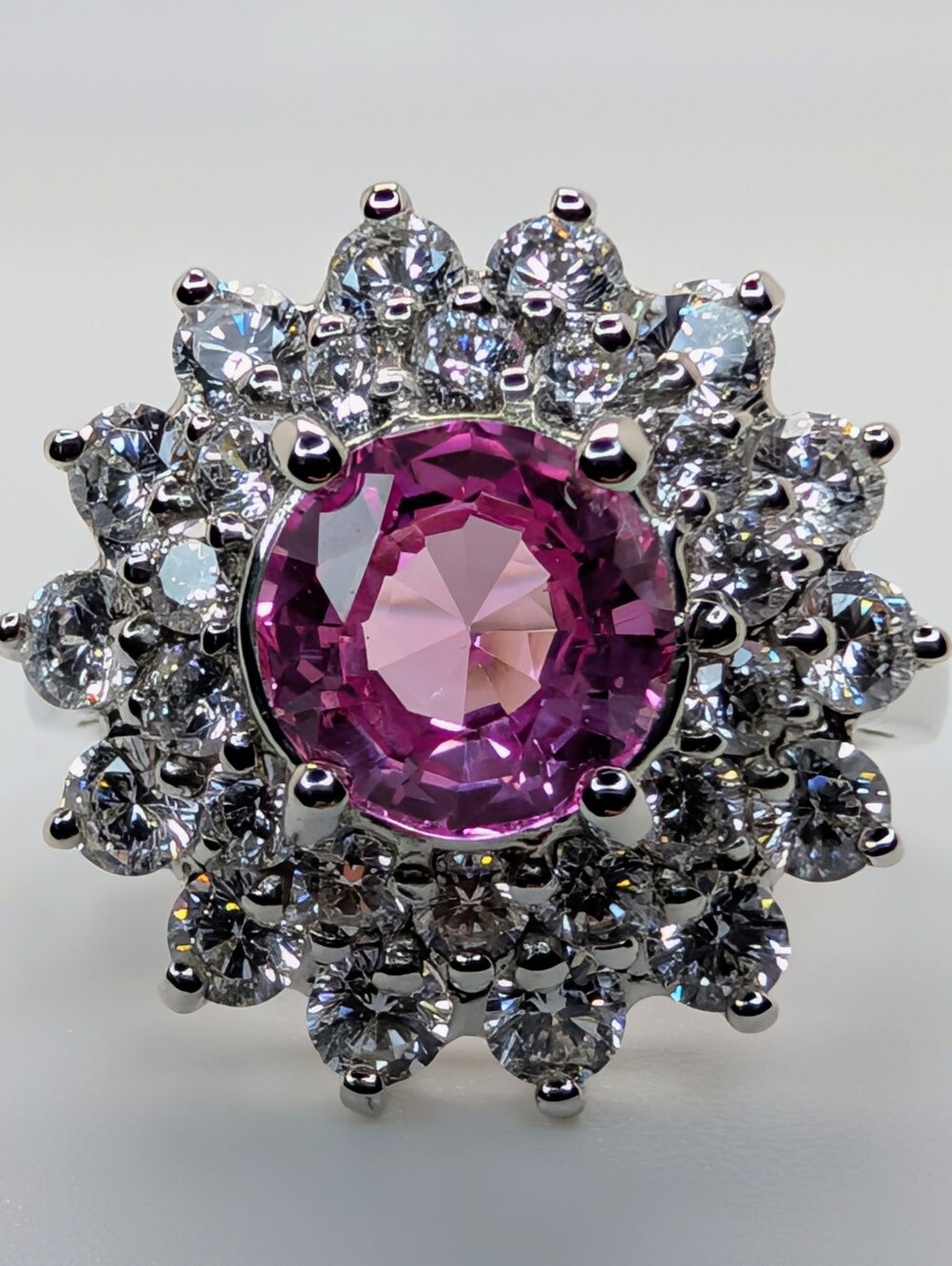 Pink Sapphire & White Topaz Halo Ring 24k Gold over S925 Sterling Silver